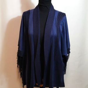 CHICO's Navy Blue Faux Suede Crochet Fringe Trim Open Front Waterfall Cardigan